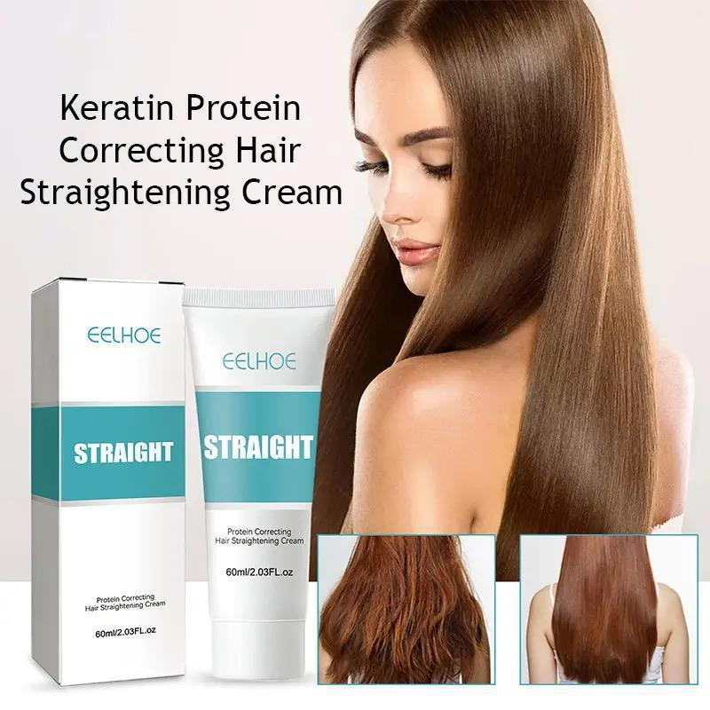 Keratin protein correcting hair straightening cream with before and after images of smooth, straight brown hair