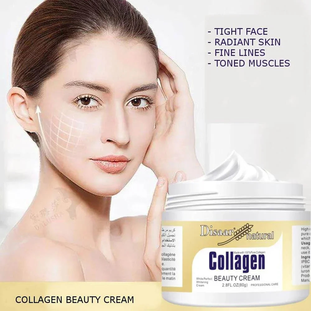 Collagen beauty cream jar with smooth white cream and a woman with radiant, tight skin and fine lines reduction