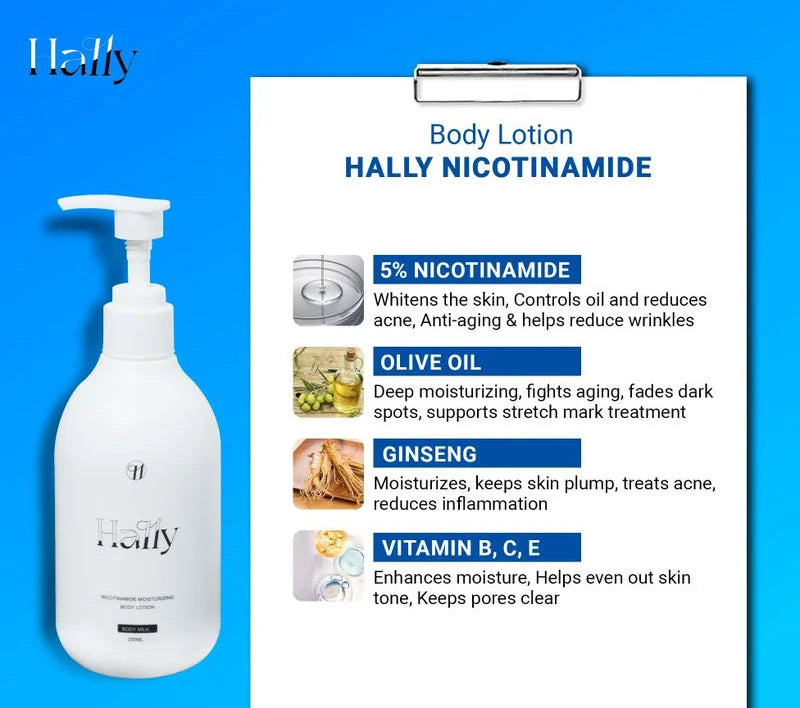 Hally Nicotinamide body lotion bottle on blue background with key benefits of 5% nicotinamide, olive oil, ginseng, and vitamins B, C, E