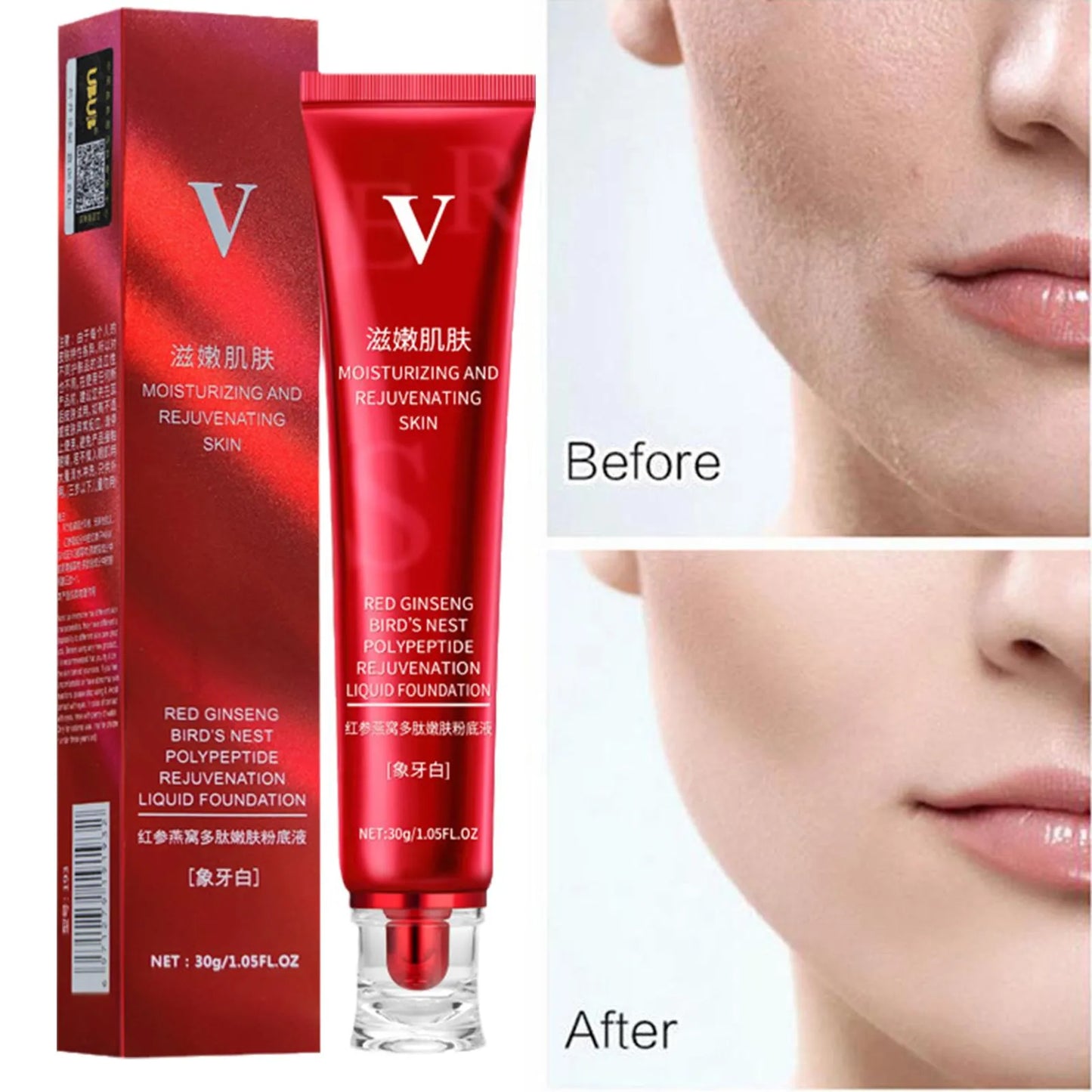 Red tube and box of moisturizing and rejuvenating liquid foundation with before and after face skin improvement