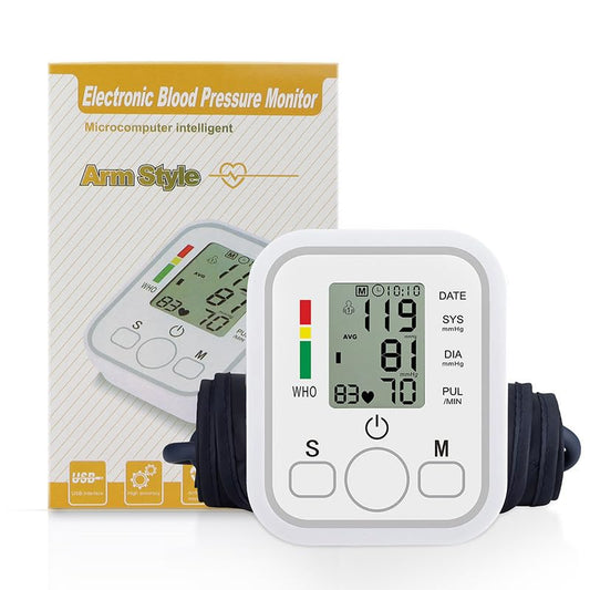 Electronic arm style blood pressure monitor with digital display and cuff, packaged in branded box