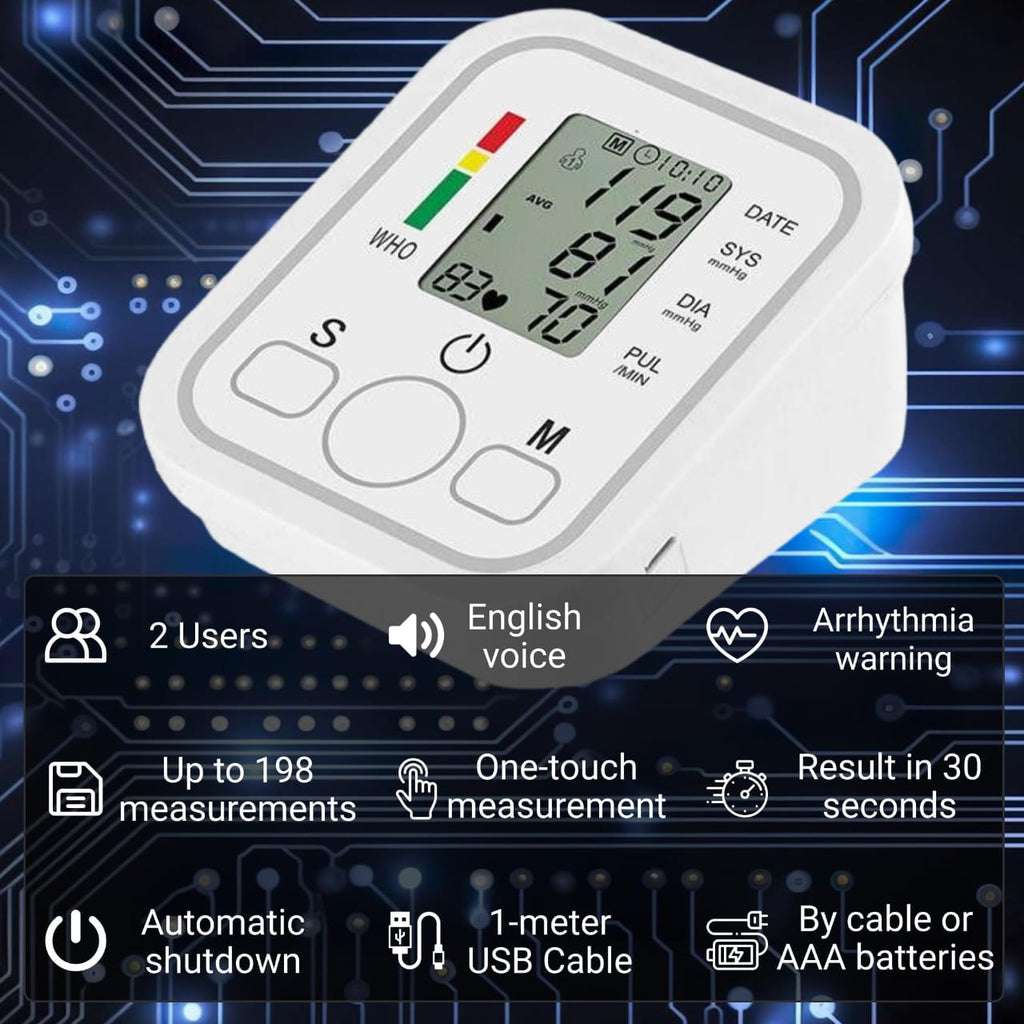 Digital blood pressure monitor with arrhythmia warning, 2 user profiles, English voice, USB cable, and fast results