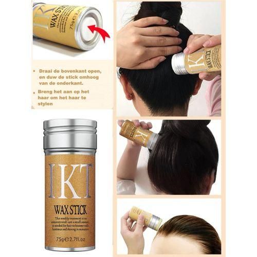 IKT Wax Stick 75g hair styling product applied to hair for easy styling in step-by-step usage images