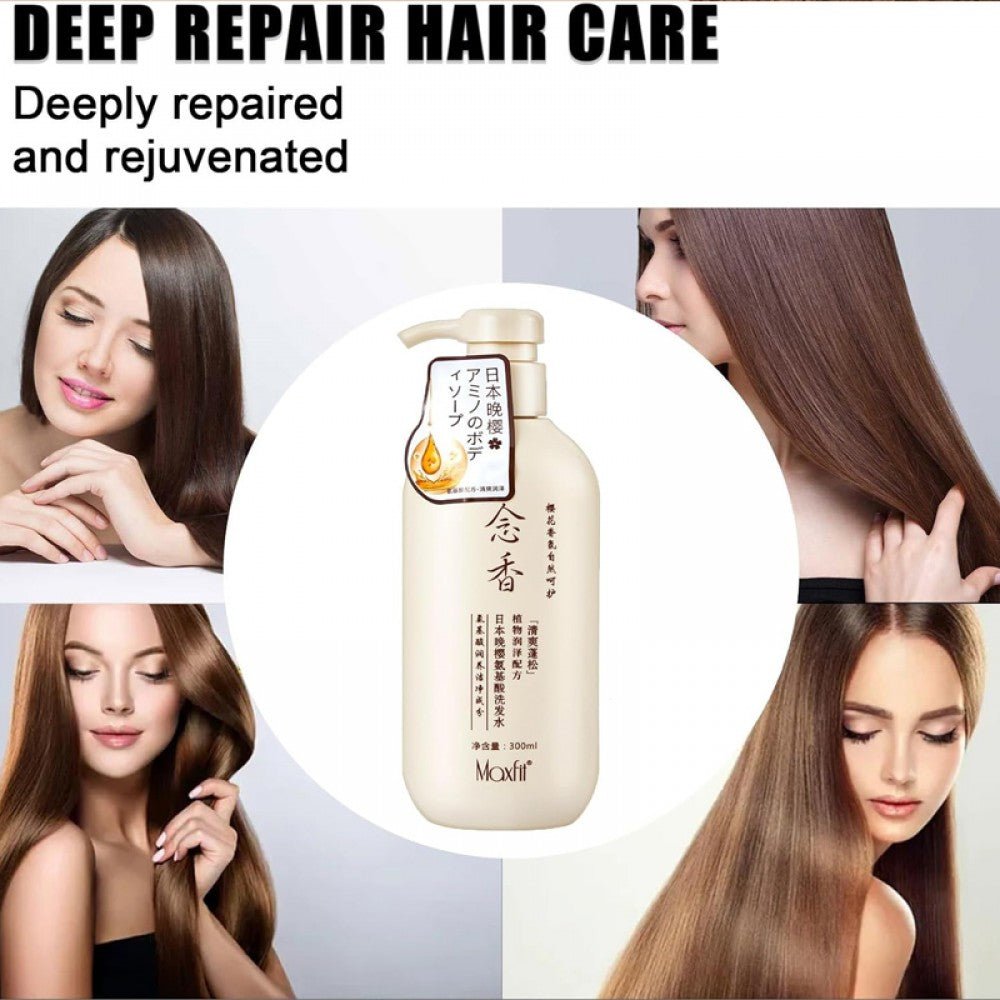 Deep repair hair care product Maxfit 300ml with images of women showing long, smooth, rejuvenated hair