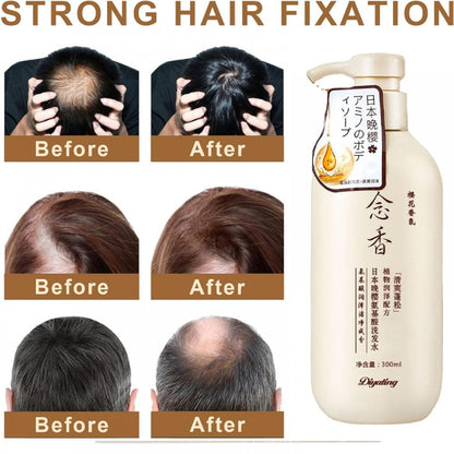 Hair loss before and after results showing stronger hair fixation with Japanese hair product bottle
