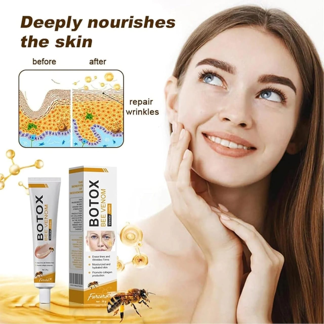 Woman with smooth skin smiling, Botox bee venom wrinkle cream packaging and before-after skin repair graphic