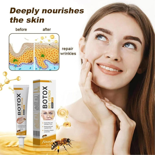 Woman with smooth skin smiling, Botox bee venom wrinkle cream packaging and before-after skin repair graphic