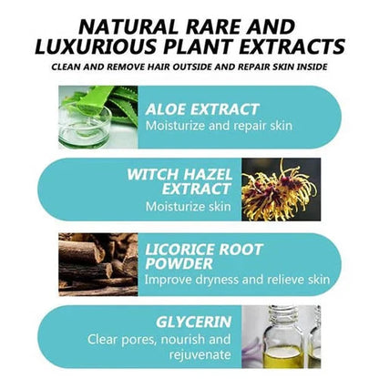 Infographic showcasing natural plant extracts like aloe, witch hazel, licorice root, and glycerin for skin moisturizing and repair