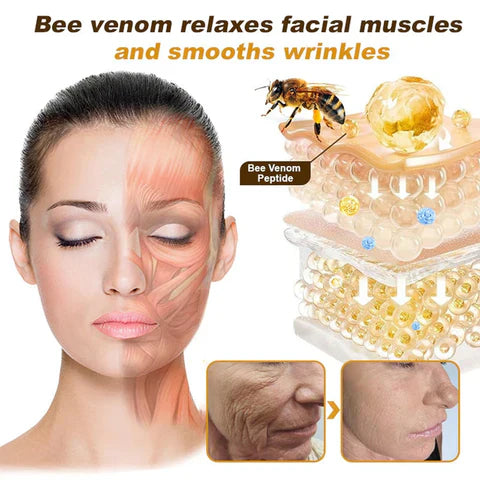 Graphic showing bee venom peptide smoothing wrinkles and relaxing facial muscles with before and after skin results