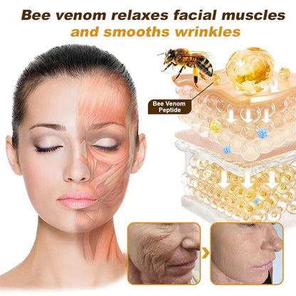 Graphic showing bee venom peptide smoothing wrinkles and relaxing facial muscles with before and after skin results