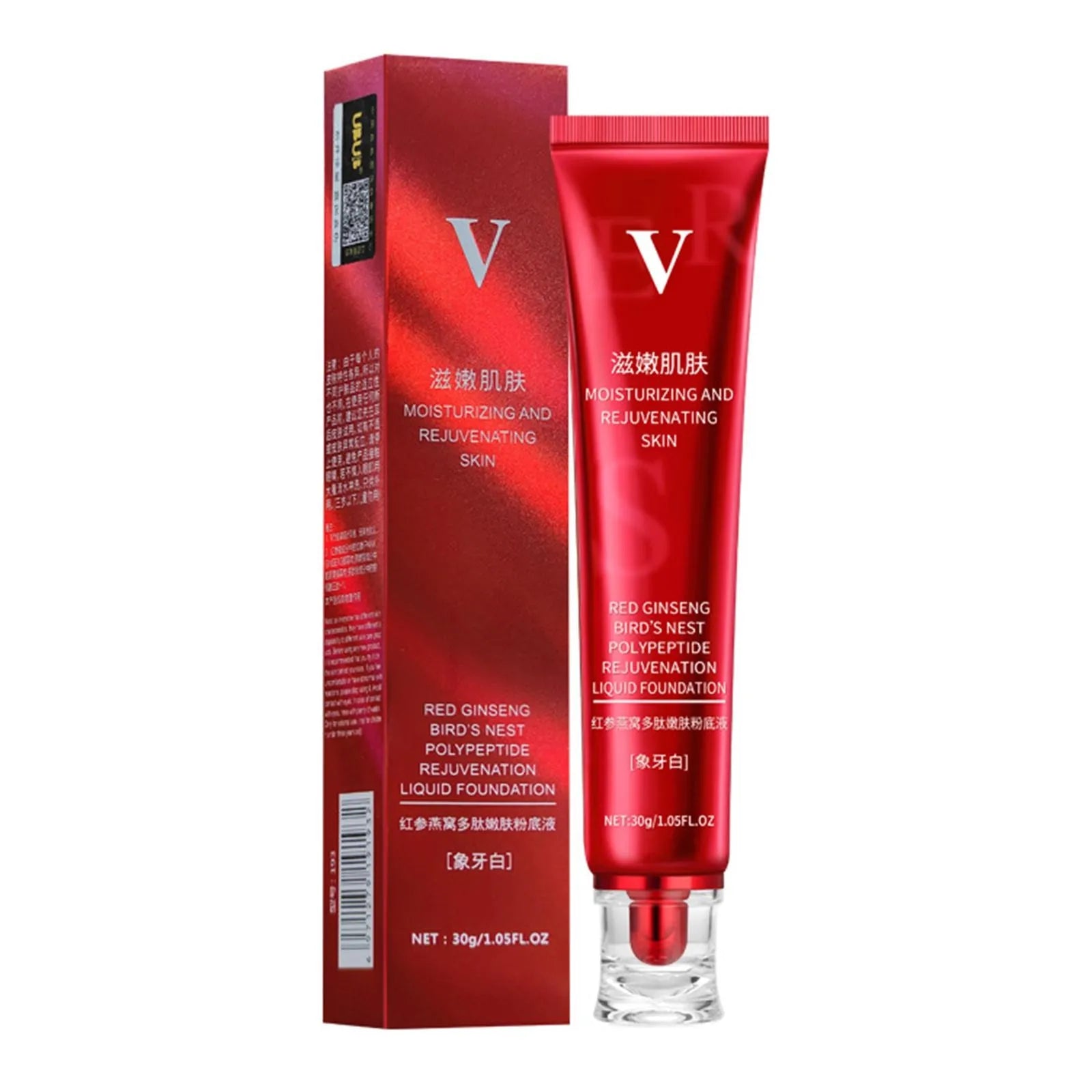 Red tube and box of moisturizing and rejuvenating skin liquid foundation with red ginseng and bird's nest