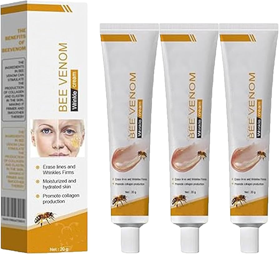 Bee Venom wrinkle cream packaging and tubes for skincare, moisturizing, and collagen boost