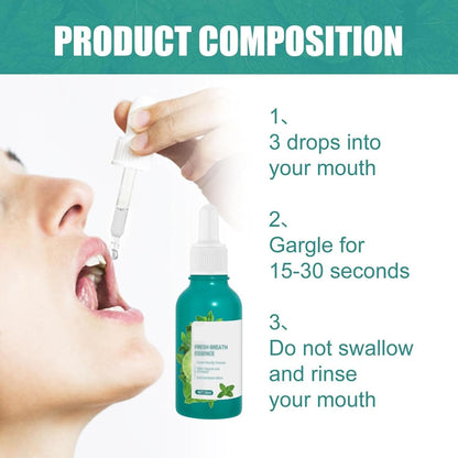Person using fresh breath essence dropper with directions for gargling mouthwash