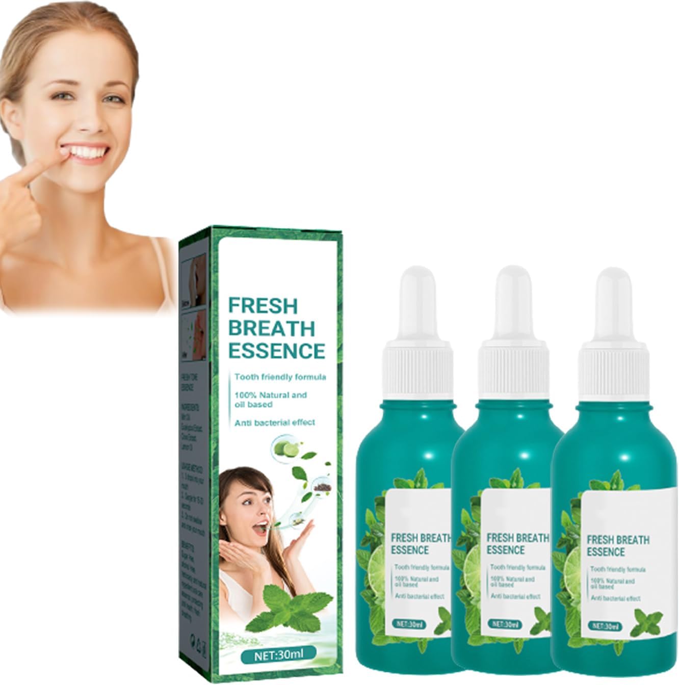Fresh Breath Essence natural oral care oil with antibacterial effect and smiling woman promoting fresh breath