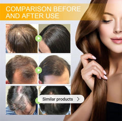 Before and after comparison of hair regrowth with thick, healthy hair on a woman holding her shiny brown hair