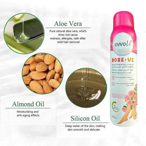 Evvoti Rose+Ve hair removal spray with almond oil, aloe vera, and silicon oil for smooth, moisturized skin