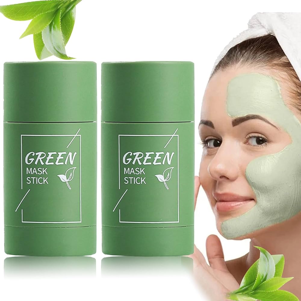 Two green mask sticks labeled 'Green Mask Stick' next to woman applying green facial mask cream