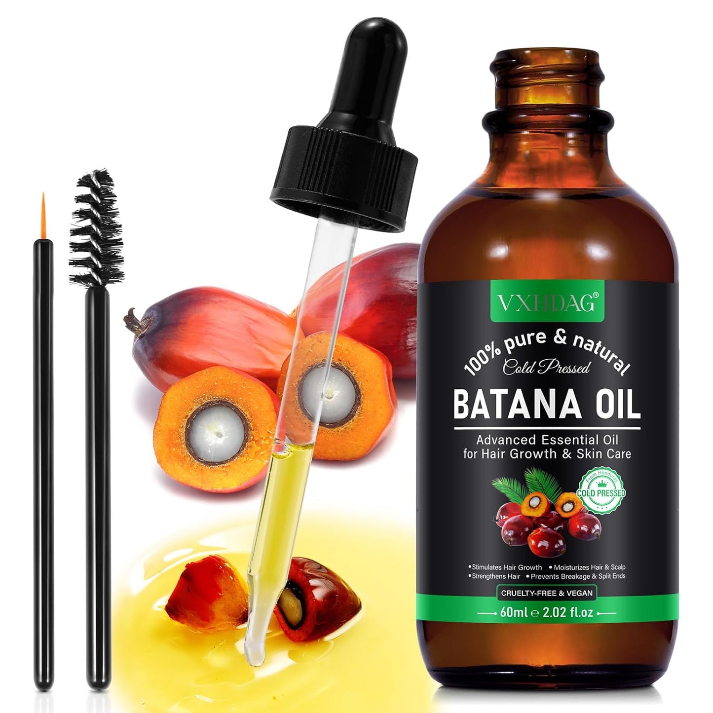 60ml bottle of VXHDAG Batana Oil with dropper, palm fruit, and dual mascara brush for hair growth and skincare