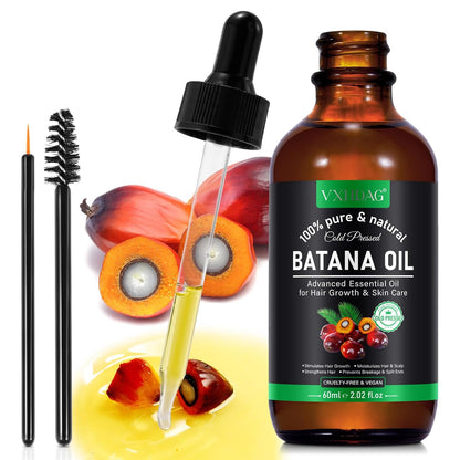 60ml bottle of VXHDAG Batana Oil with dropper, palm fruit, and dual mascara brush for hair growth and skincare