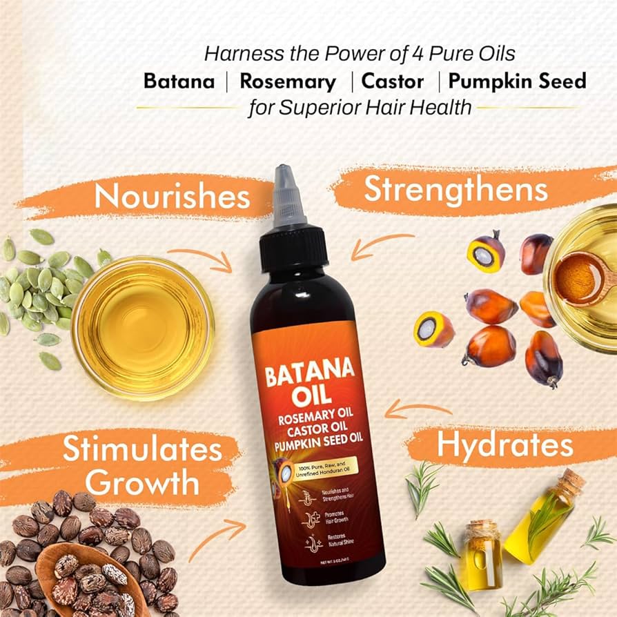 Batana Oil bottle with rosemary, castor, and pumpkin seed oils promoting hair nourishment, strength, growth, and hydration