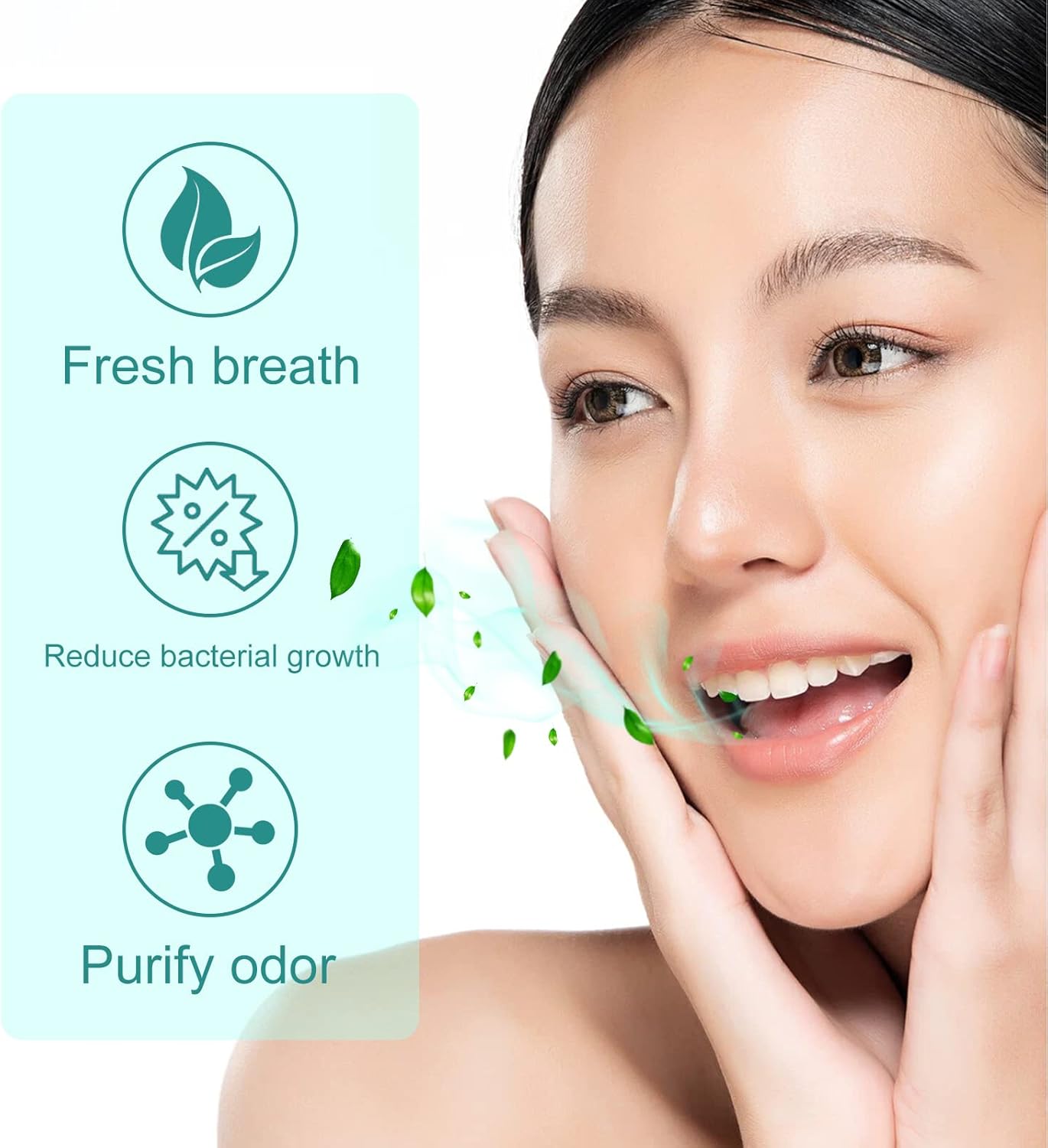 Young woman with fresh breath benefits icons including reduce bacterial growth and purify odor