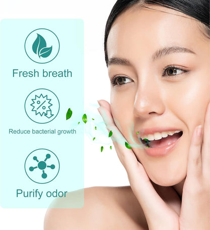 Young woman with fresh breath benefits icons including reduce bacterial growth and purify odor