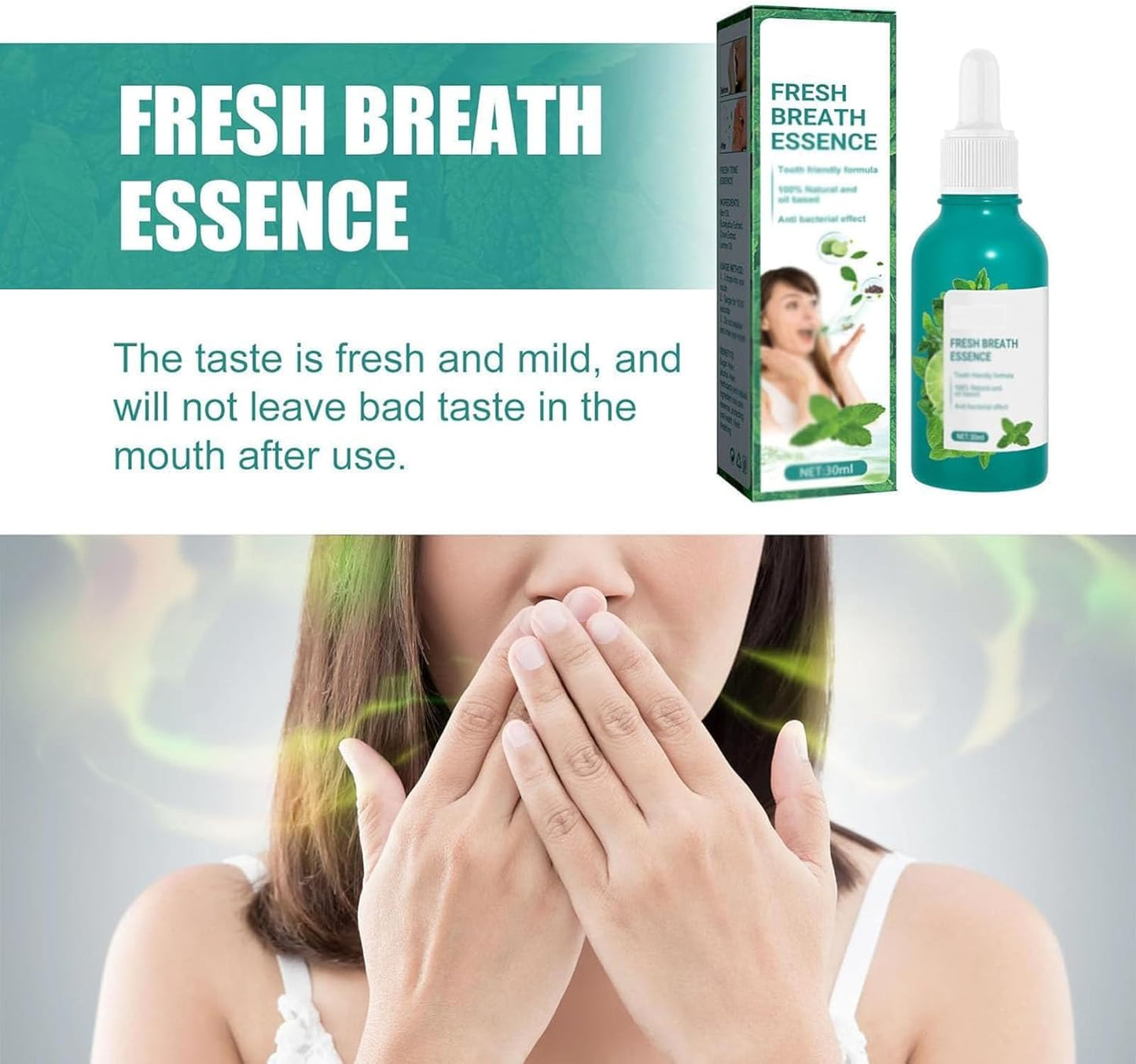 Fresh Breath Essence mouth spray with mint and lime, woman covering mouth indicating bad breath prevention