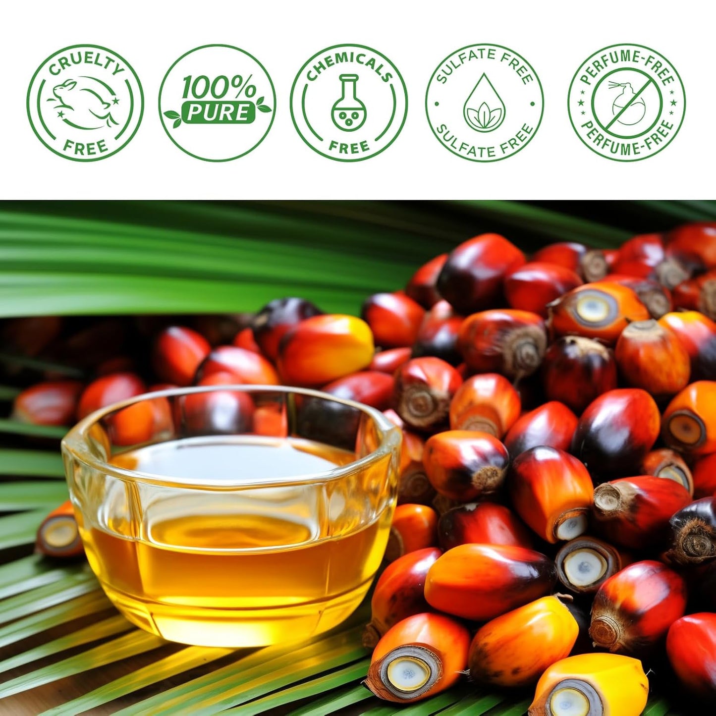 Glass bowl of golden palm oil with red and orange palm fruits on green palm leaves, cruelty free and chemical free icons