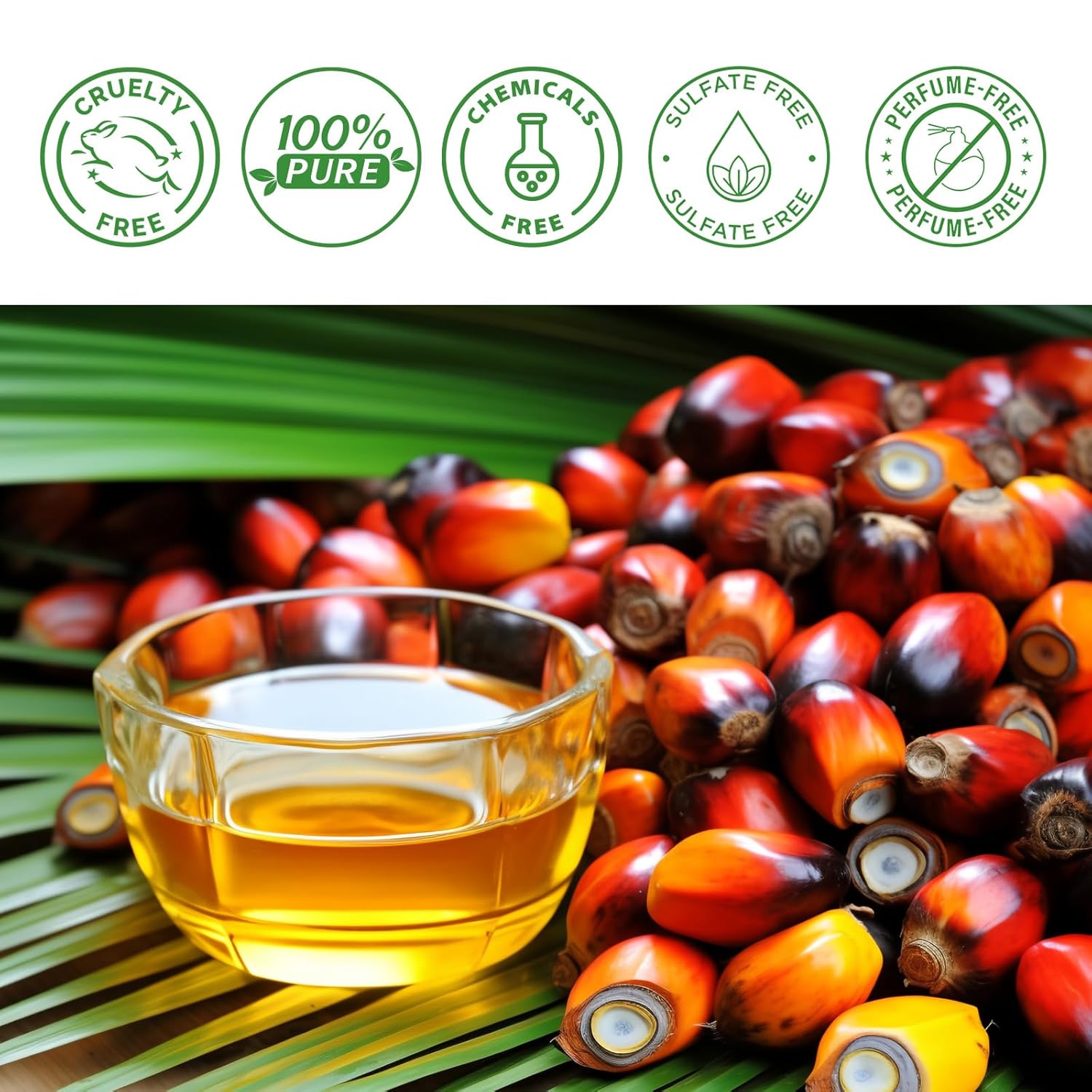 Glass bowl of golden palm oil with red and orange palm fruits on green palm leaves, cruelty free and chemical free icons