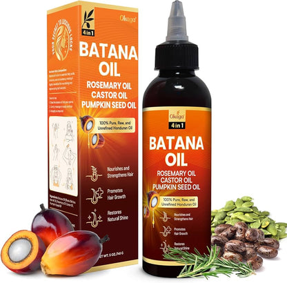Okaga Batana Oil bottle and box with palm fruits, rosemary, castor, and pumpkin seeds for hair nourishment