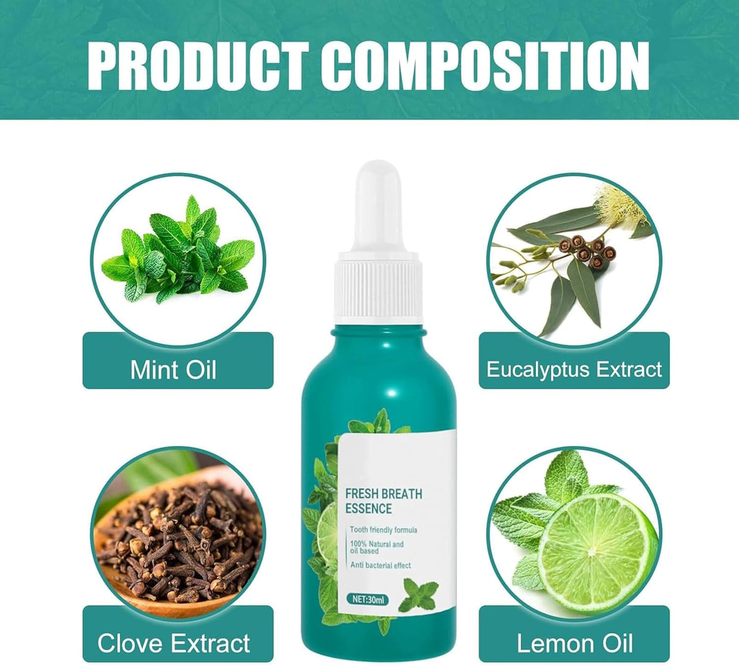 Fresh Breath Essence bottle with mint oil, eucalyptus extract, clove extract, and lemon oil ingredients