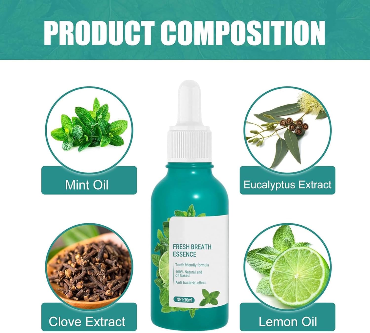 Fresh Breath Essence bottle with mint oil, eucalyptus extract, clove extract, and lemon oil ingredients