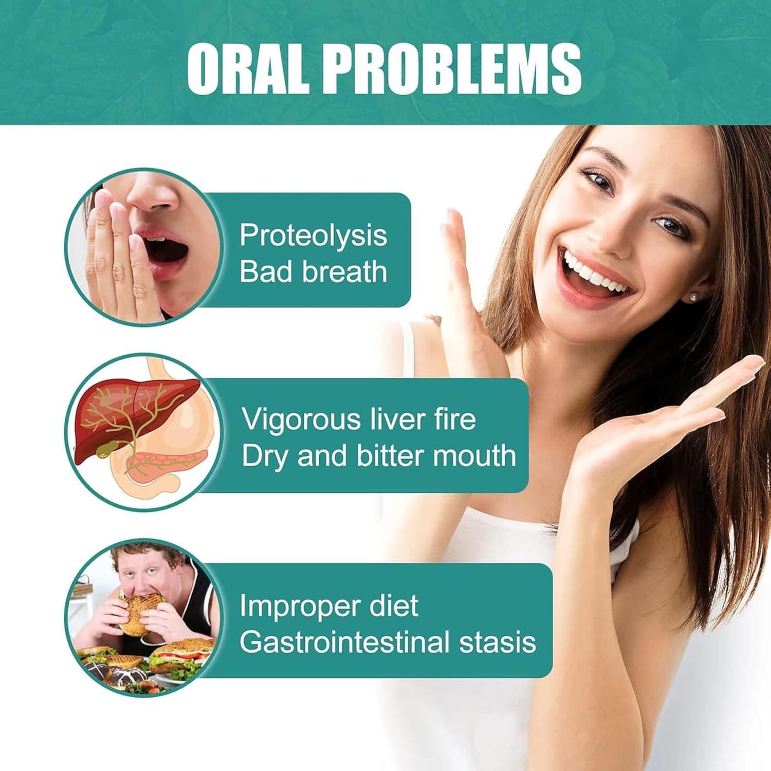 Infographic on oral problems with images showing bad breath, dry bitter mouth from liver issues, and diet-related gastrointestinal effects