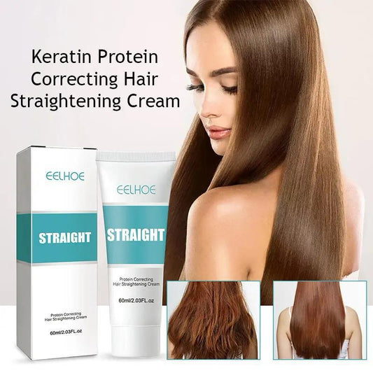 Keratin protein correcting hair straightening cream with before and after images of smooth, straight brown hair