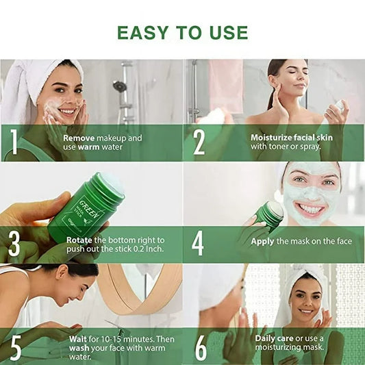 Step-by-step easy-to-use green facial mask skincare routine with makeup removal, moisturizing, and application