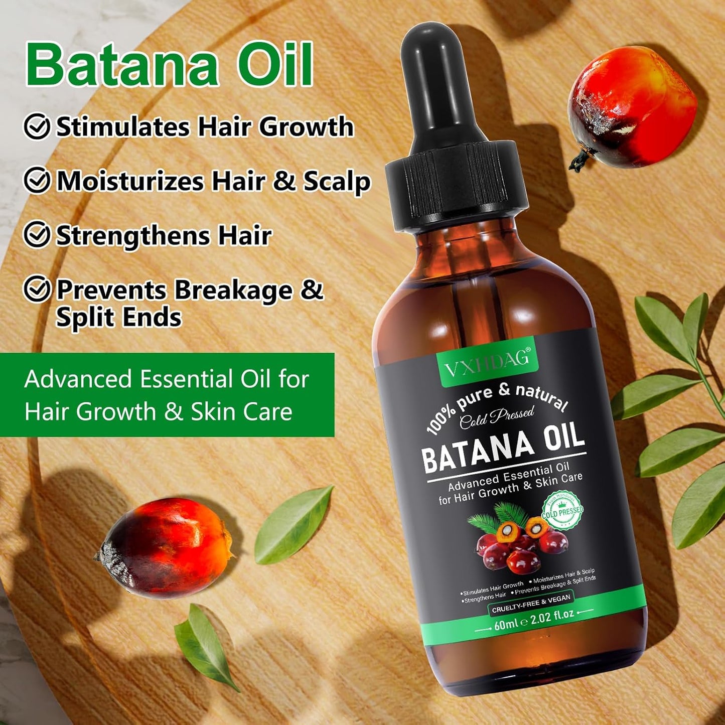 Bottle of VXHDAG Batana Oil essential oil for hair growth and skin care with palm fruits on wooden surface