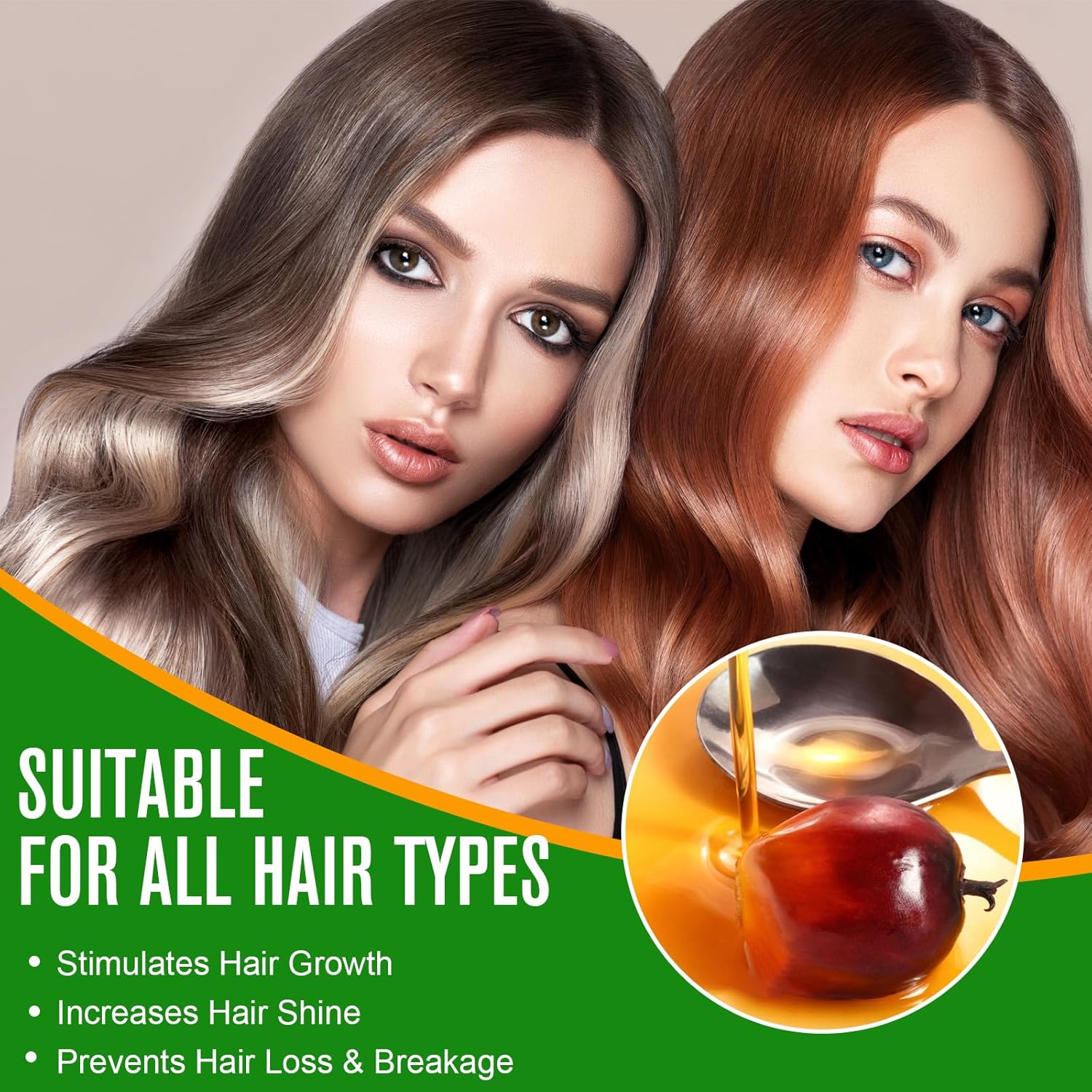 Two women with shiny, healthy hair showcasing hair growth and shine, promoted as suitable for all hair types