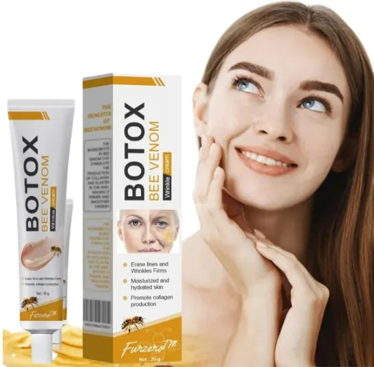 Botox Bee Venom wrinkle cream with packaging and smiling woman applying skincare for youthful skin
