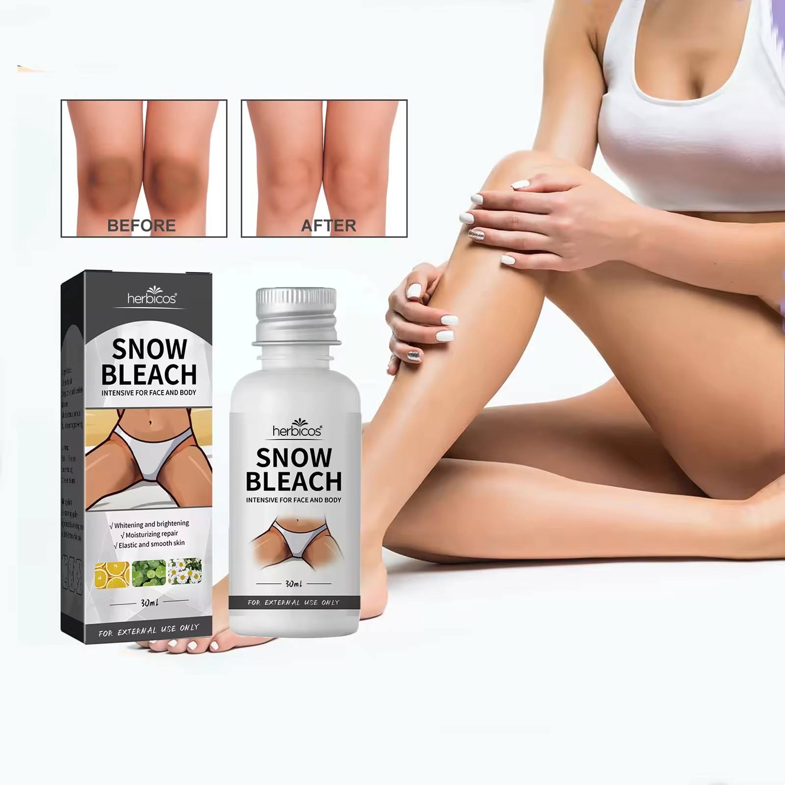 Herbicos Snow Bleach skin whitening product for face and body with before and after knee skin brightening results