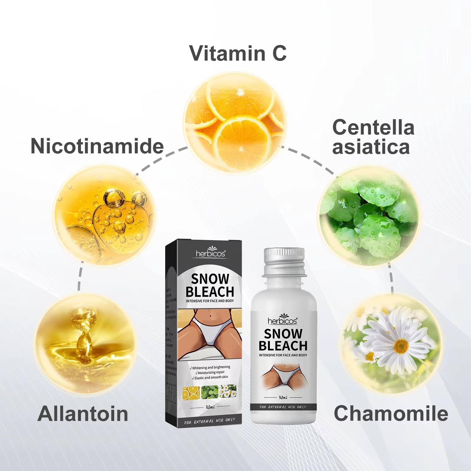 Herbicos Snow Bleach 30ml with ingredients Vitamin C, Nicotinamide, Centella Asiatica, Allantoin, Chamomile for skin whitening and moisturizing