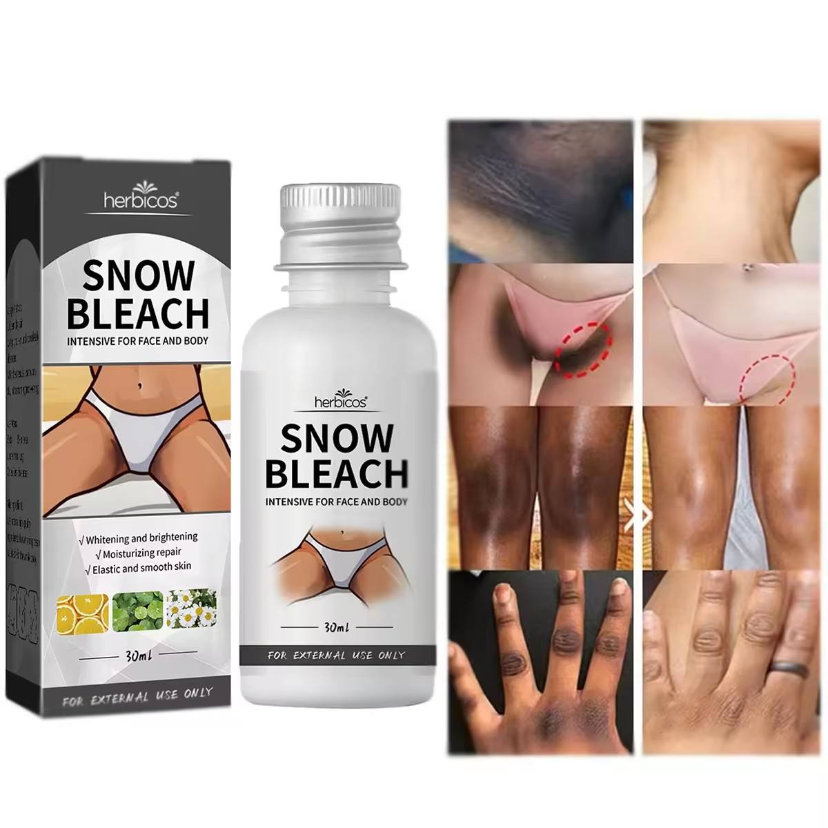 Herbicos Snow Bleach bottle and packaging with before and after photos showing skin whitening and brightening effects on face, body, and hands