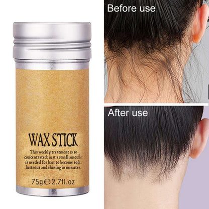 Wax stick hair treatment with before and after use images showing smoother, shinier hair