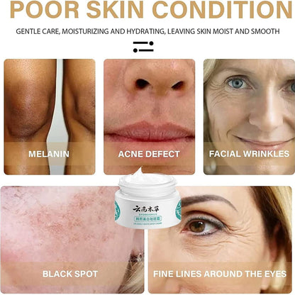 Collage showing poor skin conditions including melanin, acne defect, facial wrinkles, black spots, and fine lines around eyes with moisturizing cream