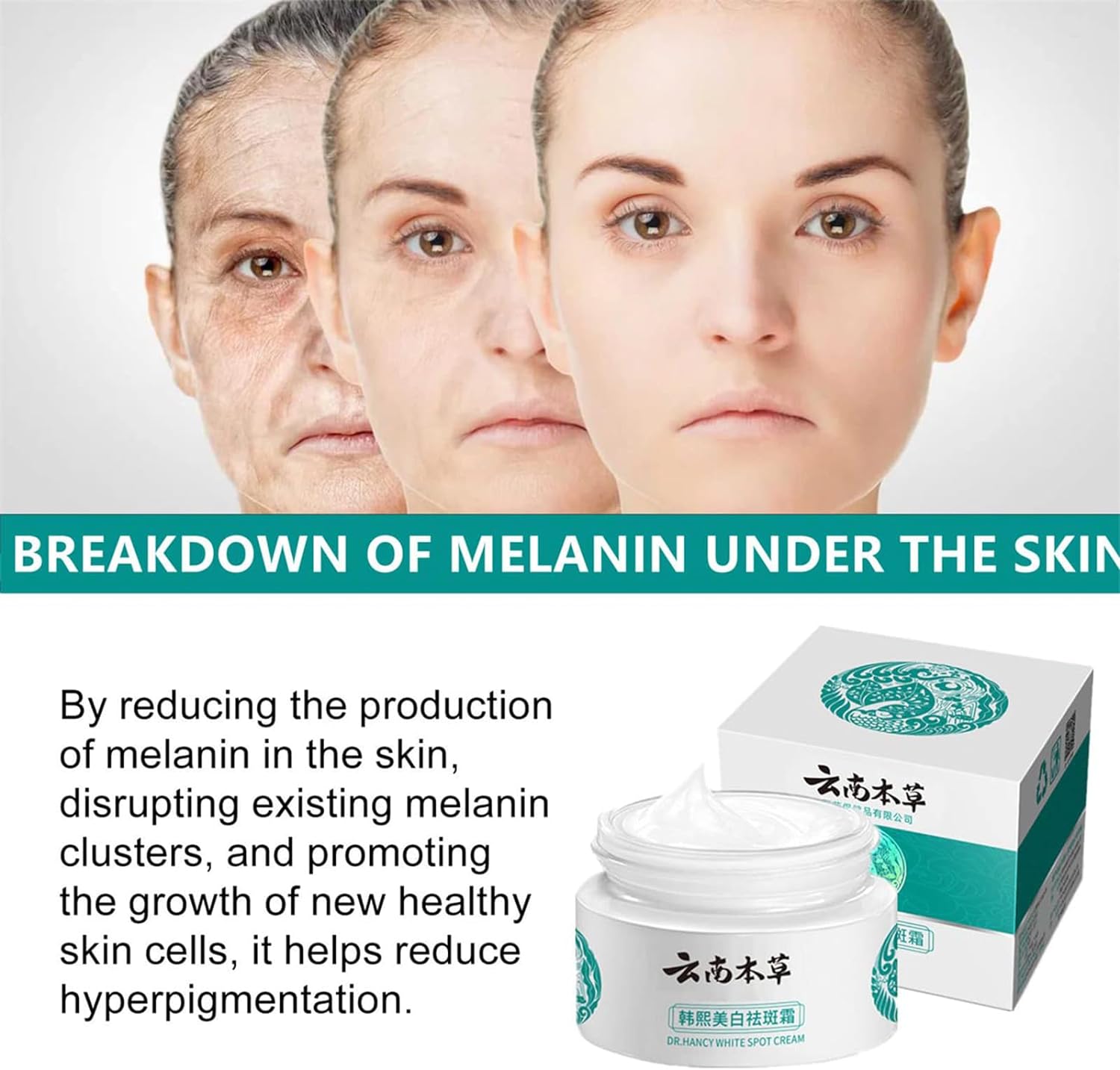 Graphic showing skin aging reversal with melanin breakdown and Dr. Hancy White Spot Cream for dark spot removal