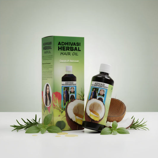 Adhivasi Herbal Hair Oil bottle and box with coconut and green herbs, dandruff remover product