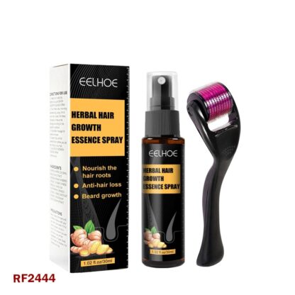 Eelhoe Herbal Hair Growth Essence Spray with box and black derma roller for hair and beard growth