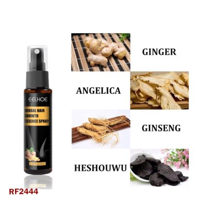 Herbal hair growth essence spray with ginger, angelica, ginseng, and heshouwu herbs for natural hair care