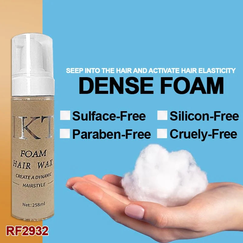 KT foam hair wax bottle with hand holding dense foam, sulfate-free, silicon-free, paraben-free, cruelty-free hair styling product