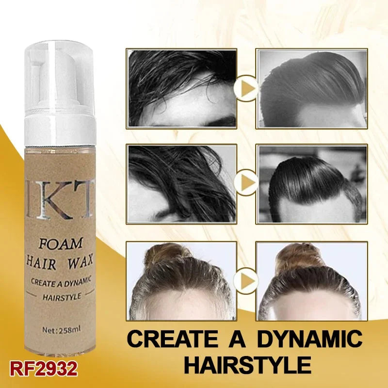 KT Foam Hair Wax bottle with before and after images showing dynamic hairstyles for men and women