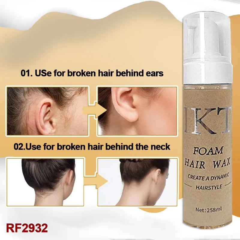KT Foam Hair Wax bottle with before and after images showing use for broken hair behind ears and neck for dynamic hairstyle